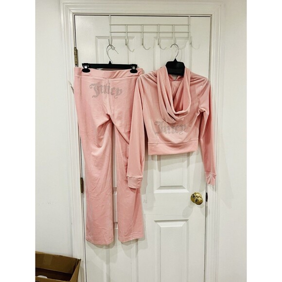 NEW! JUICY COUTURE Velour OG Bling Tracksuit Hoodie & Pant Set Whisper Pink